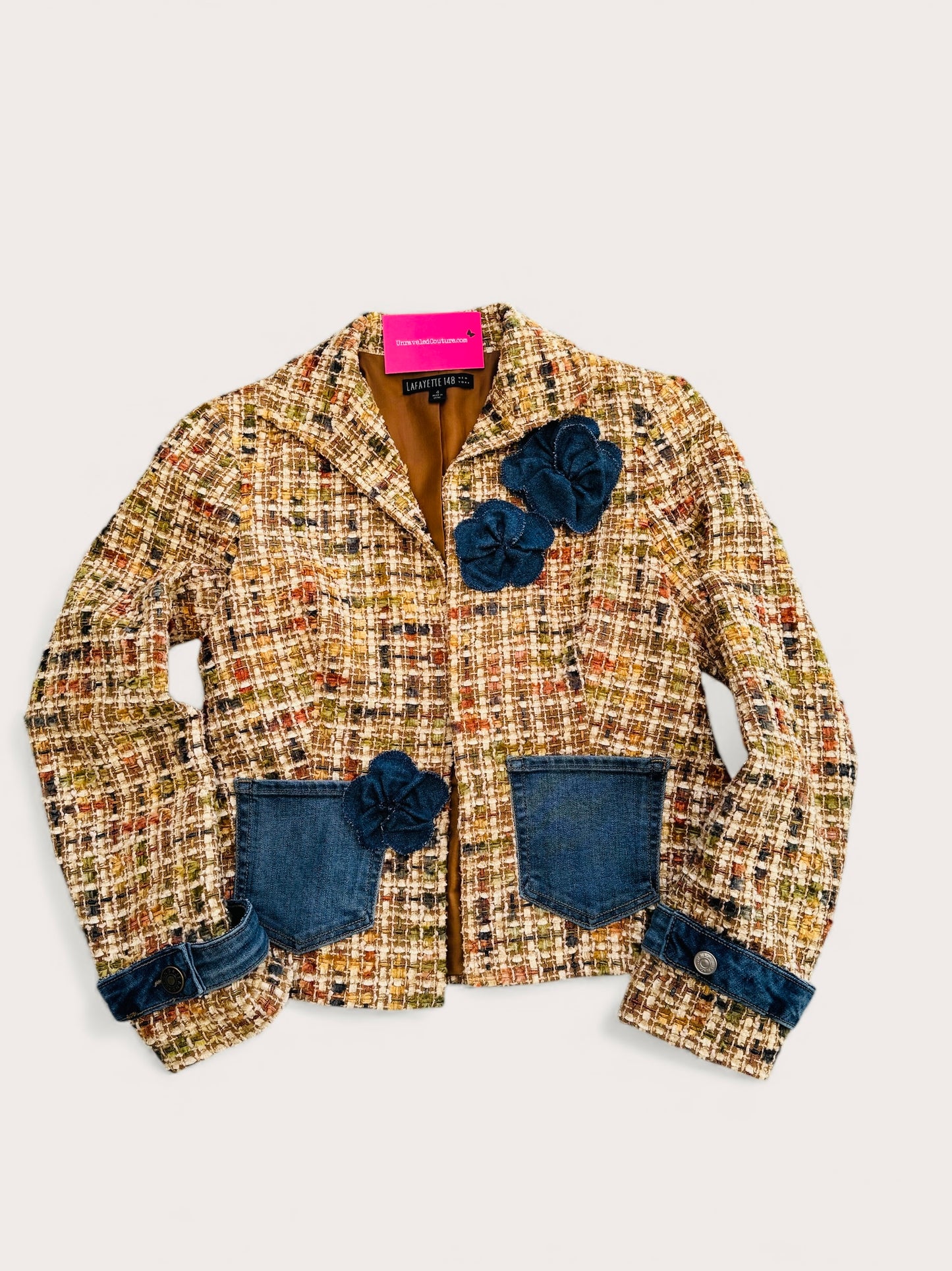 Denim & Tweed Upcycled blazer with Denim Blooms