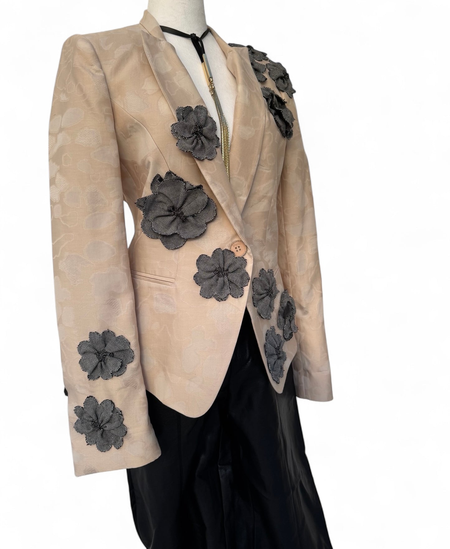 Grit and Grace Silk Upcycled Ferragamo blazer with Denim Blooms