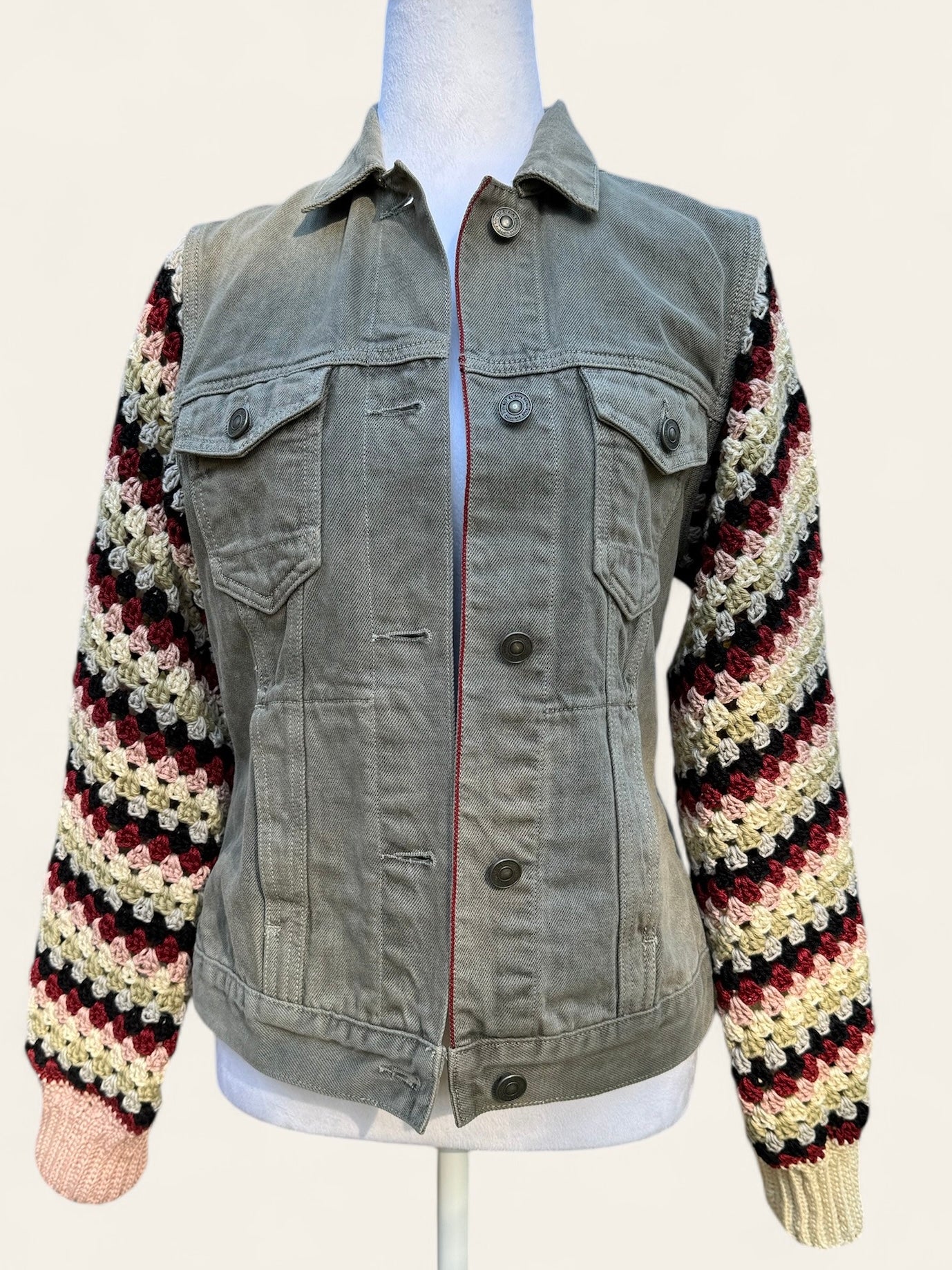 Designer Upcycled Denim All Saints Vest Crochet Sweater