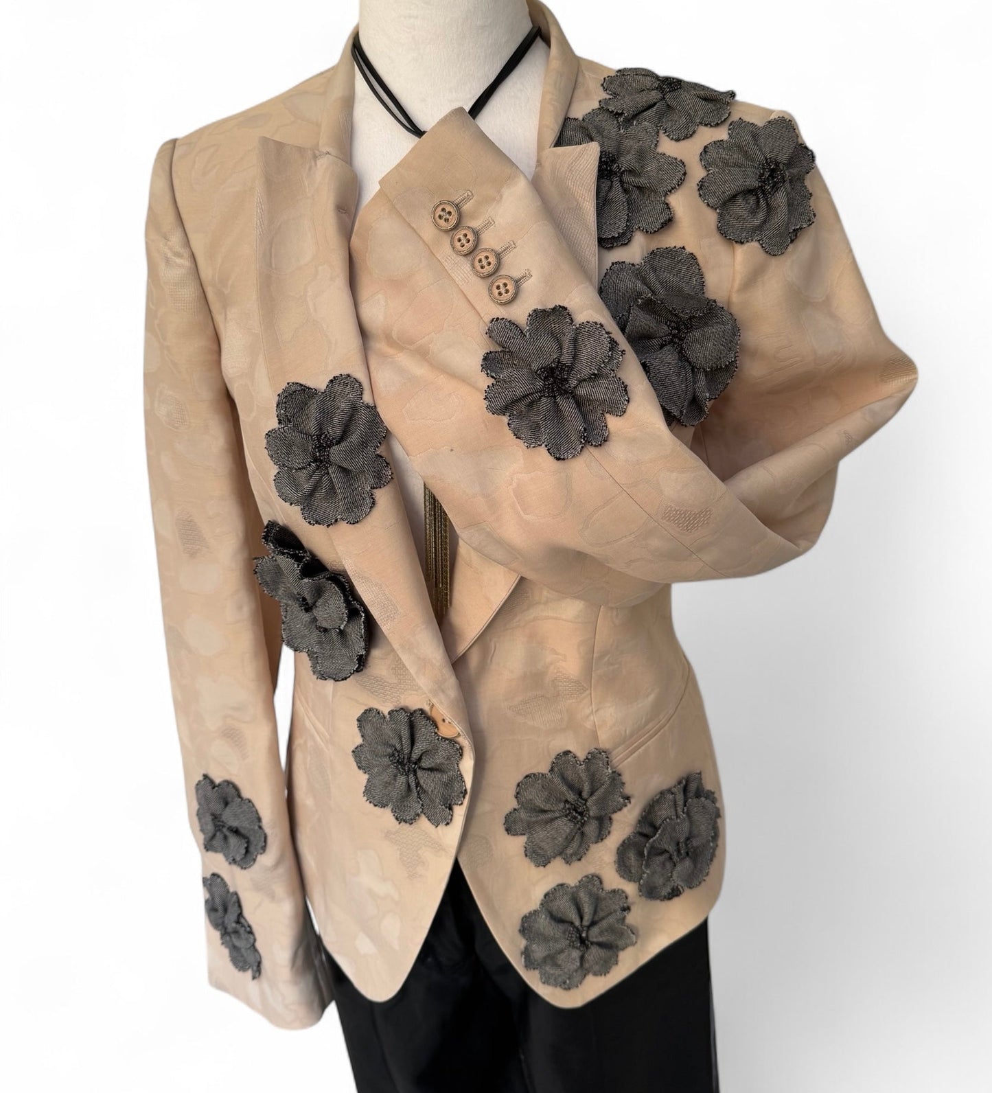 Grit and Grace Silk Upcycled Ferragamo blazer with Denim Blooms