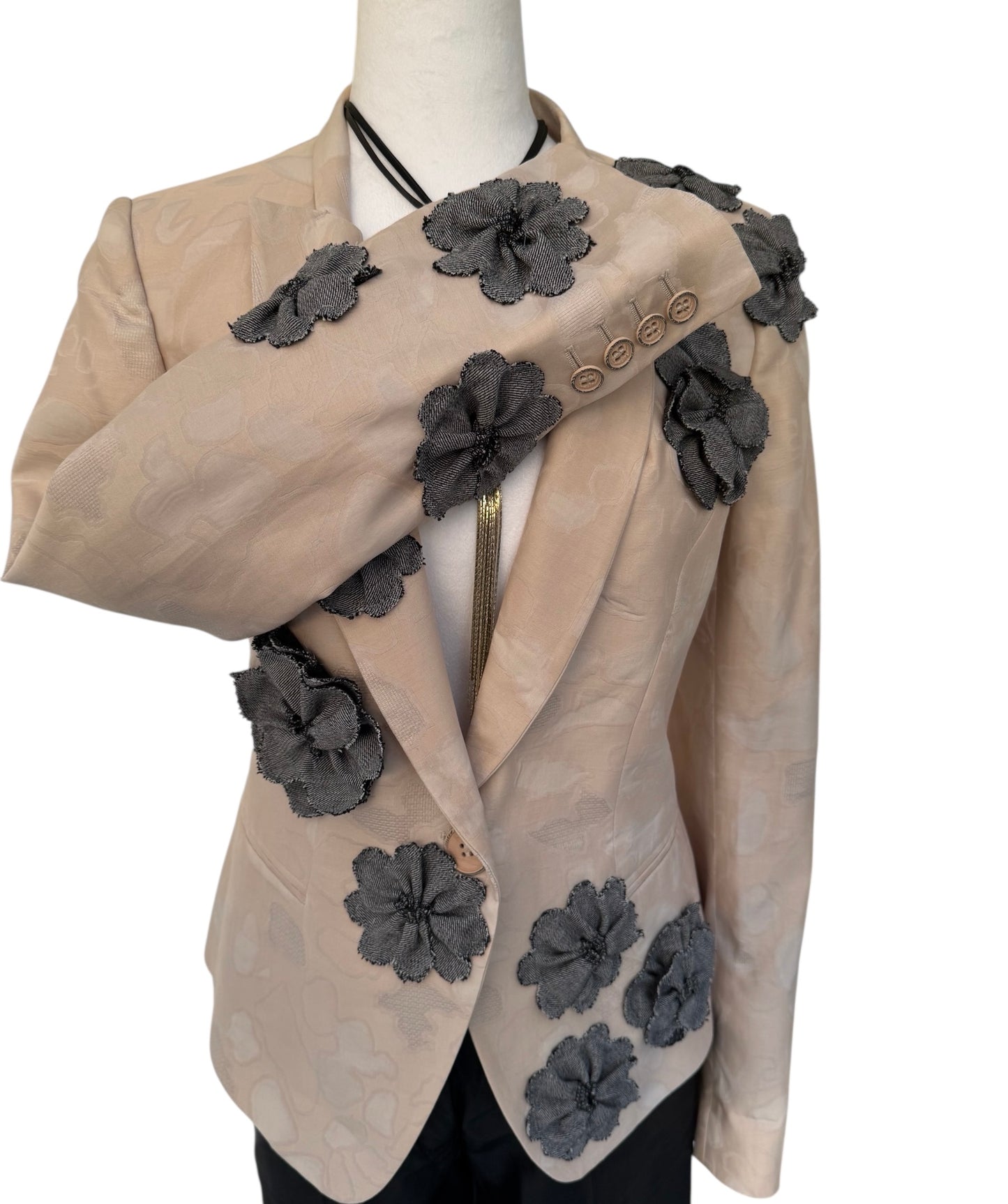 Grit and Grace Silk Upcycled Ferragamo blazer with Denim Blooms