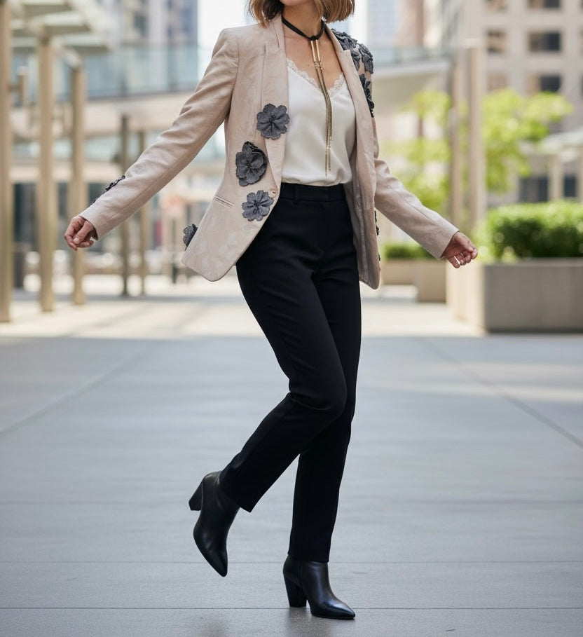 Grit and Grace Silk Upcycled Ferragamo blazer with Denim Blooms