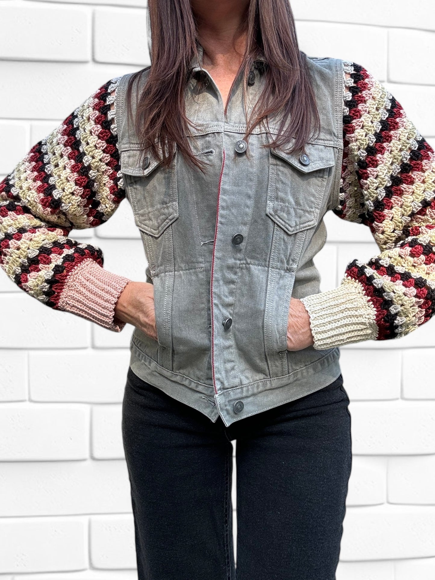 Designer Upcycled Denim All Saints Vest Crochet Sweater