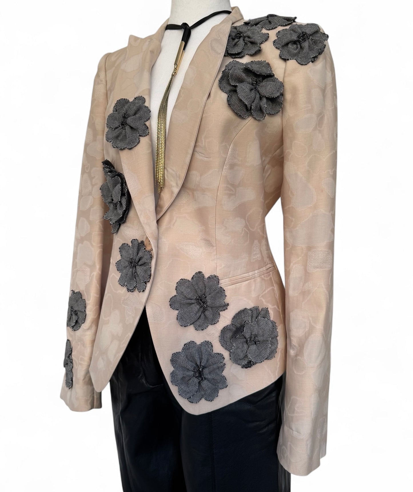 Grit and Grace Silk Upcycled Ferragamo blazer with Denim Blooms