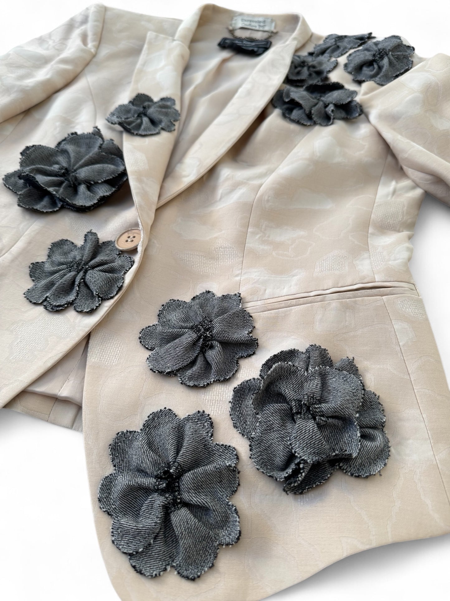 Grit and Grace Silk Upcycled Ferragamo blazer with Denim Blooms
