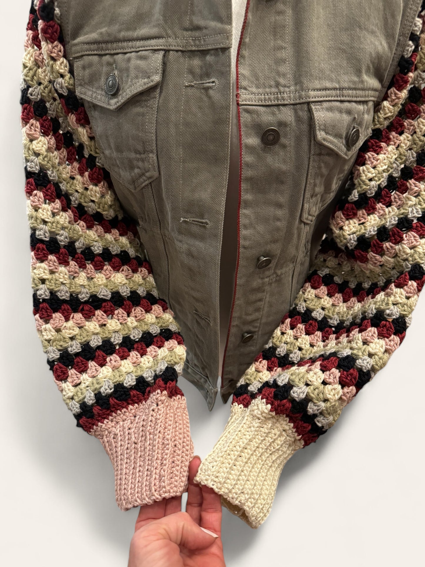 Designer Upcycled Denim All Saints Vest Crochet Sweater
