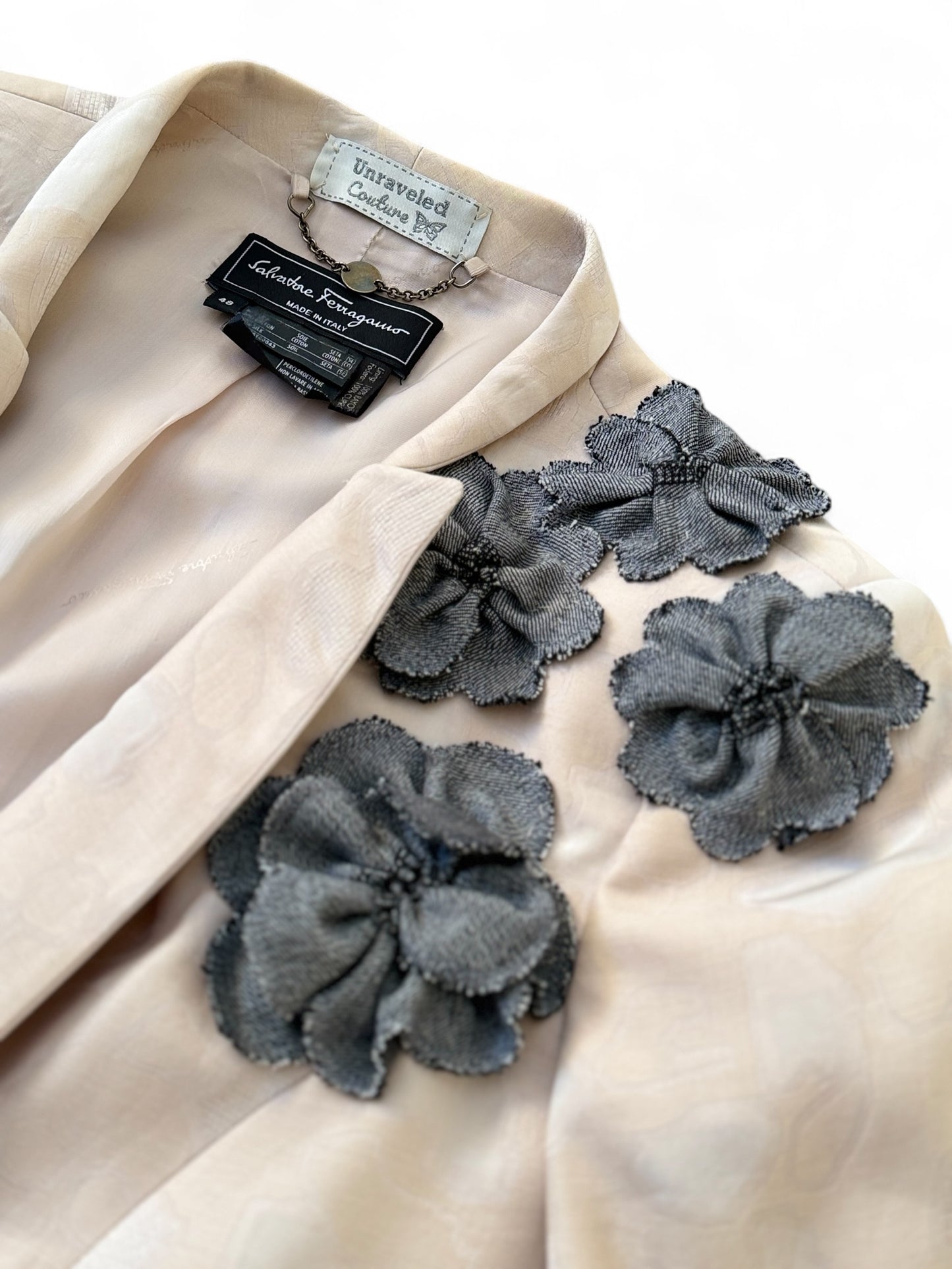Grit and Grace Silk Upcycled Ferragamo blazer with Denim Blooms