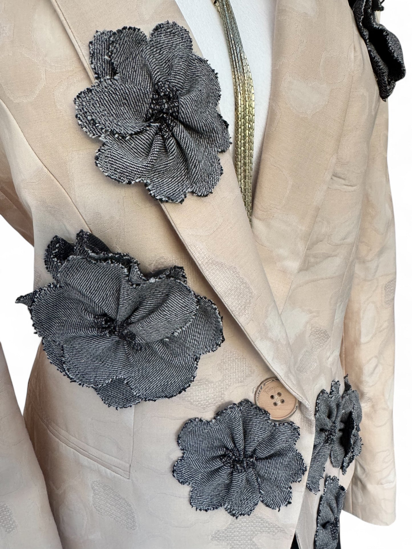 Grit and Grace Silk Upcycled Ferragamo blazer with Denim Blooms
