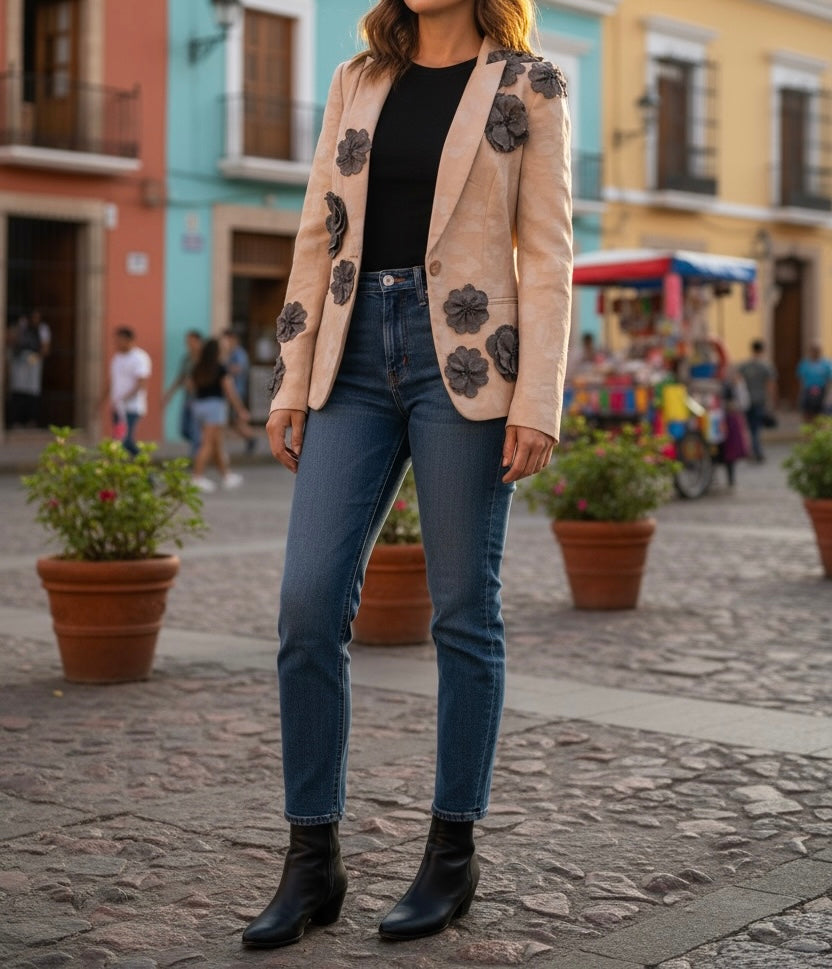 Grit and Grace Silk Upcycled Ferragamo blazer with Denim Blooms