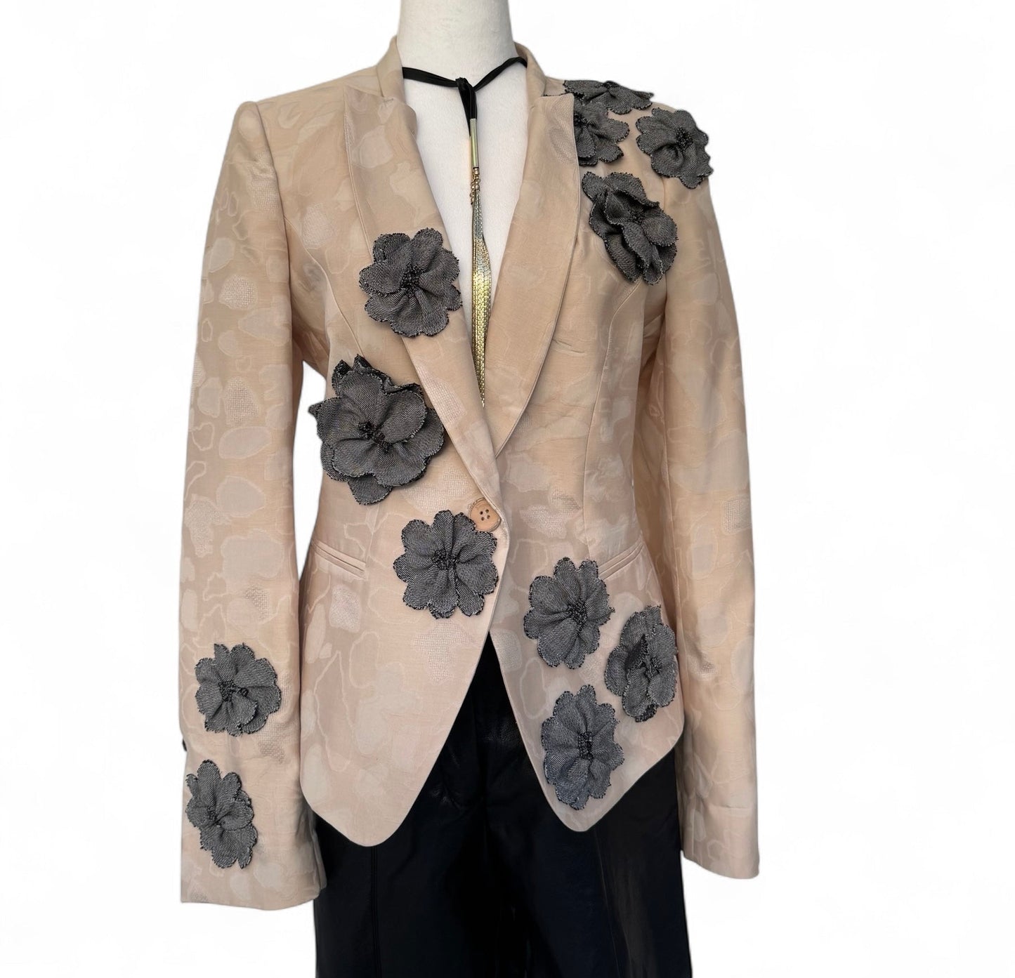 Grit and Grace Silk Upcycled Ferragamo blazer with Denim Blooms