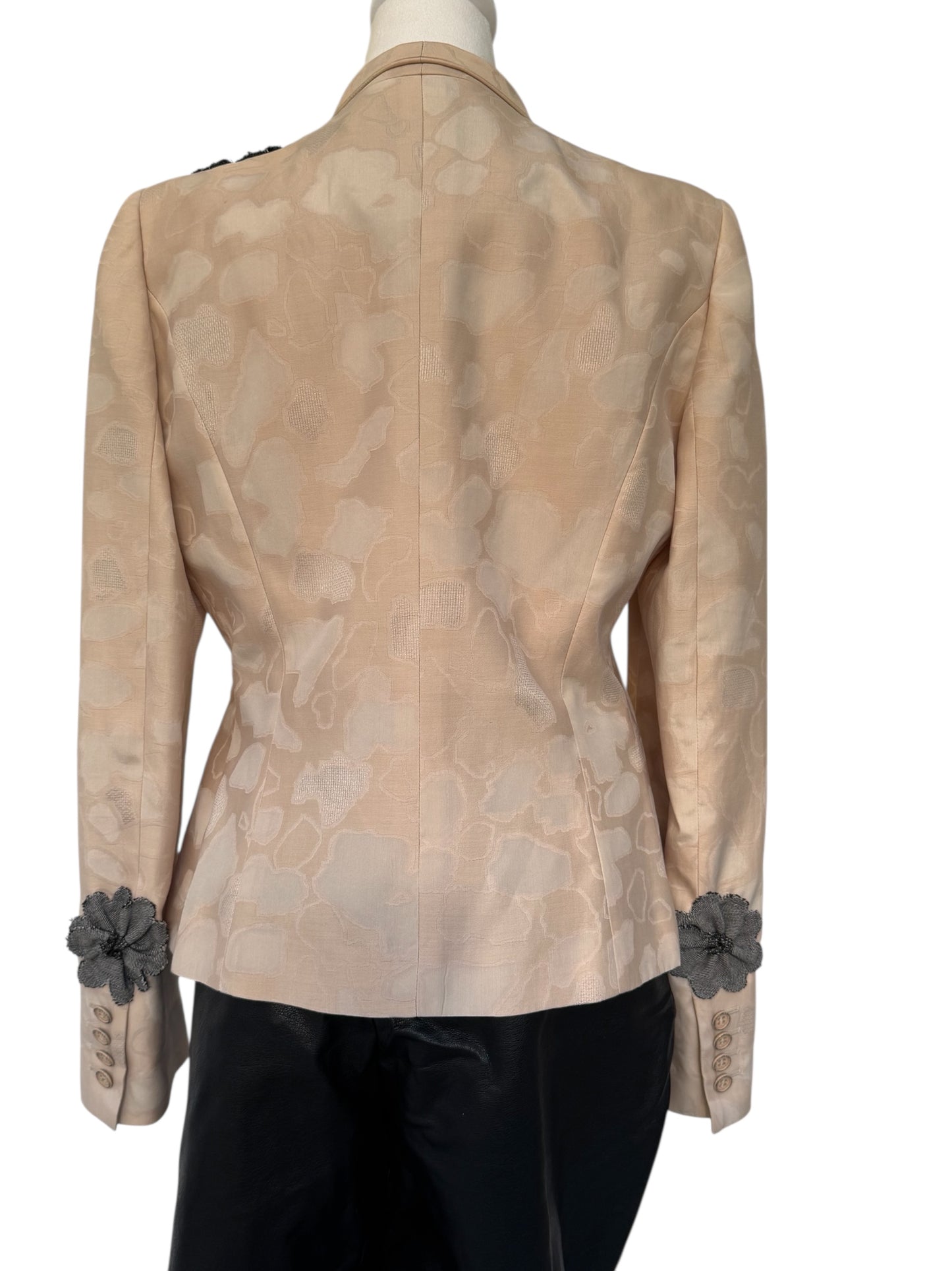 Grit and Grace Silk Upcycled Ferragamo blazer with Denim Blooms