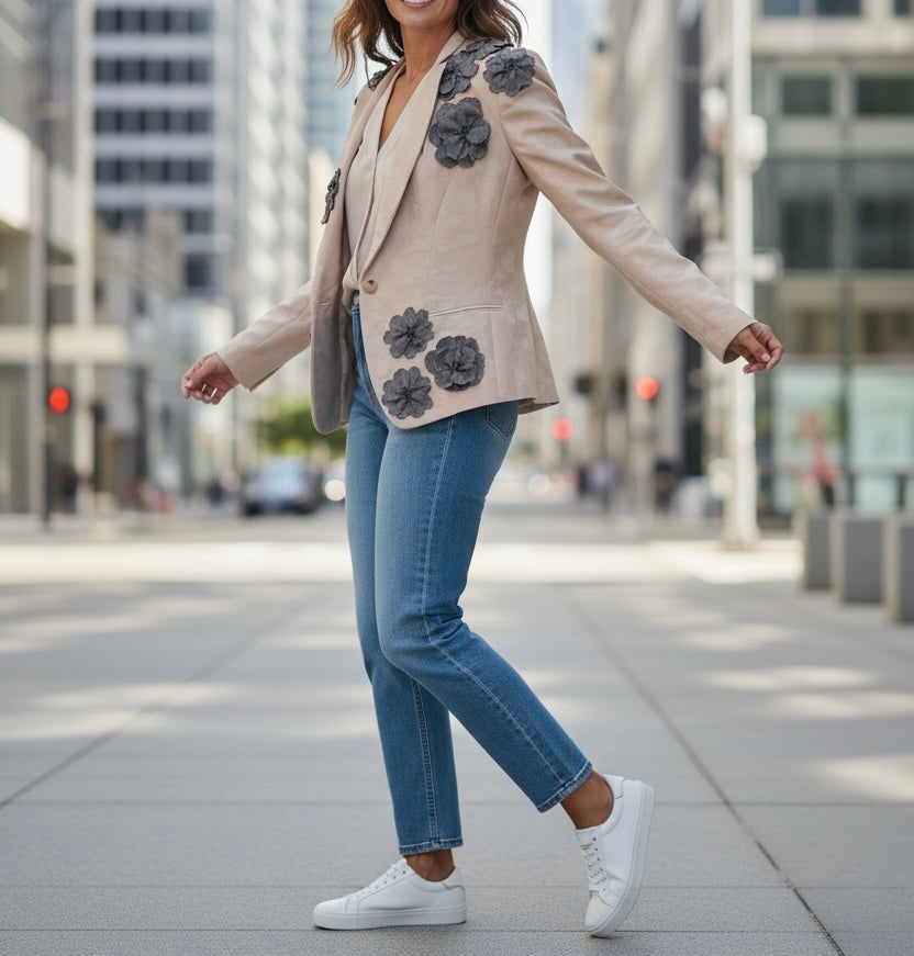Grit and Grace Silk Upcycled Ferragamo blazer with Denim Blooms