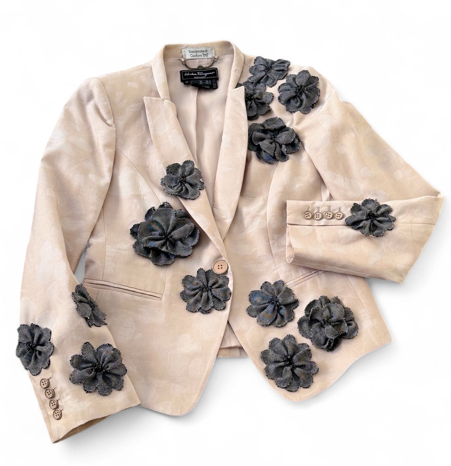 Grit and Grace Silk Upcycled Ferragamo blazer with Denim Blooms