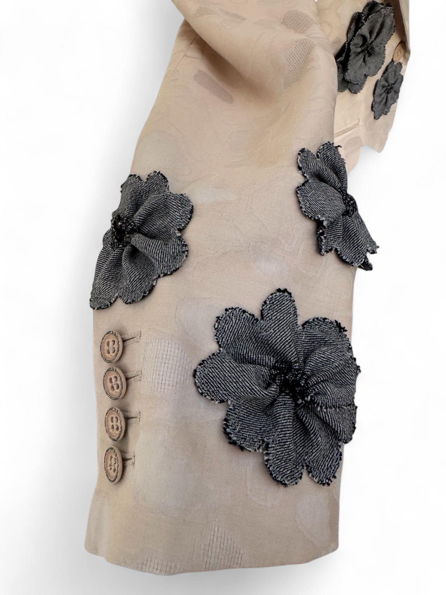Grit and Grace Silk Upcycled Ferragamo blazer with Denim Blooms