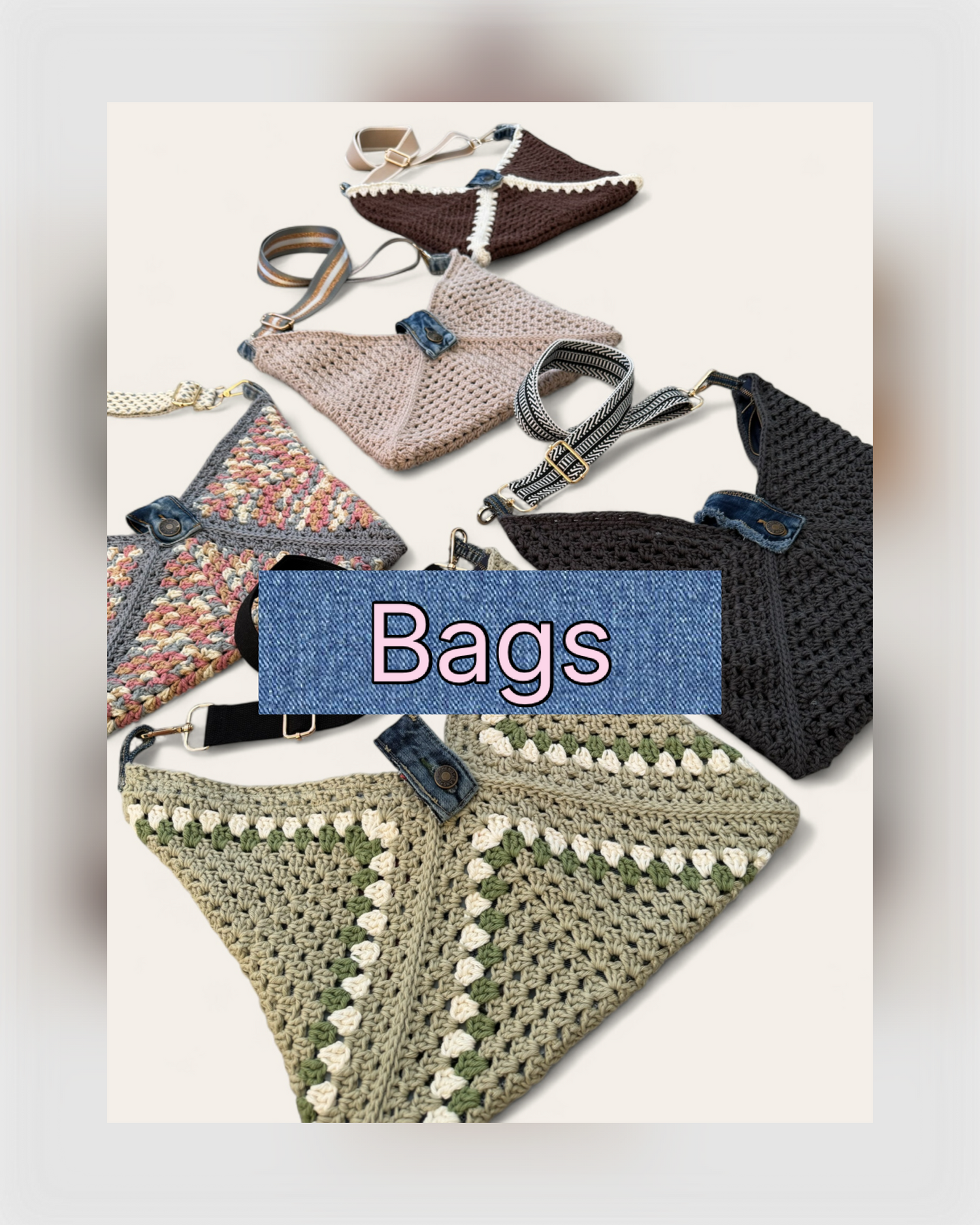 Hand crochet bags with Unraveled upcycled denim interior