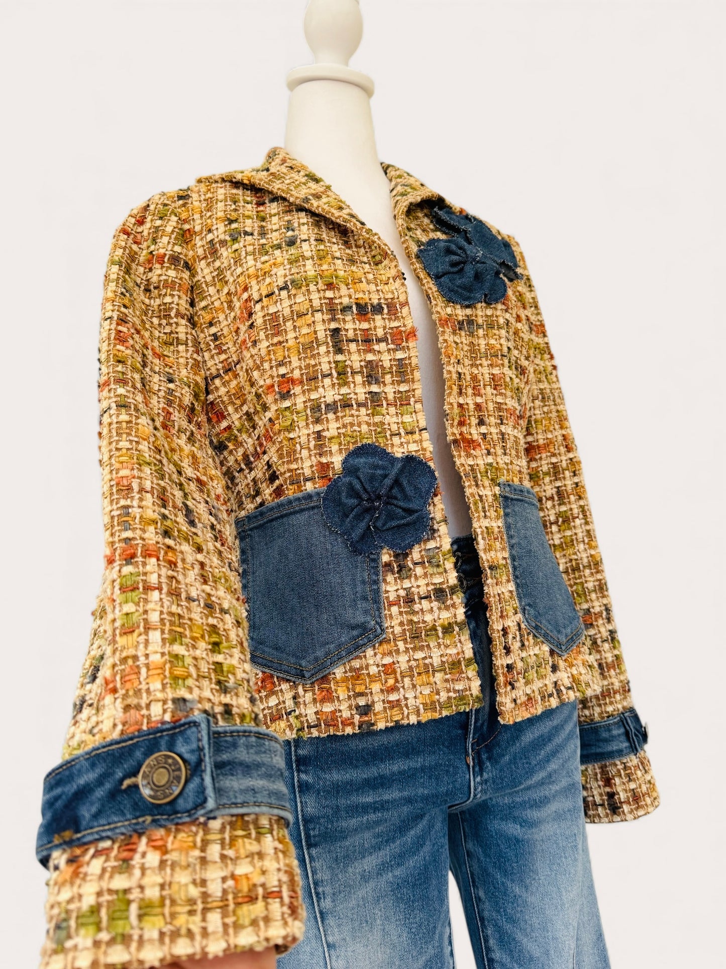 Denim & Tweed Upcycled blazer with Denim Blooms