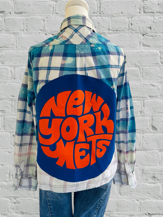NY Mets - LARGE CIRCLE APPLIQUE & EMBROIDERY - Upcycled Distressed Flannel