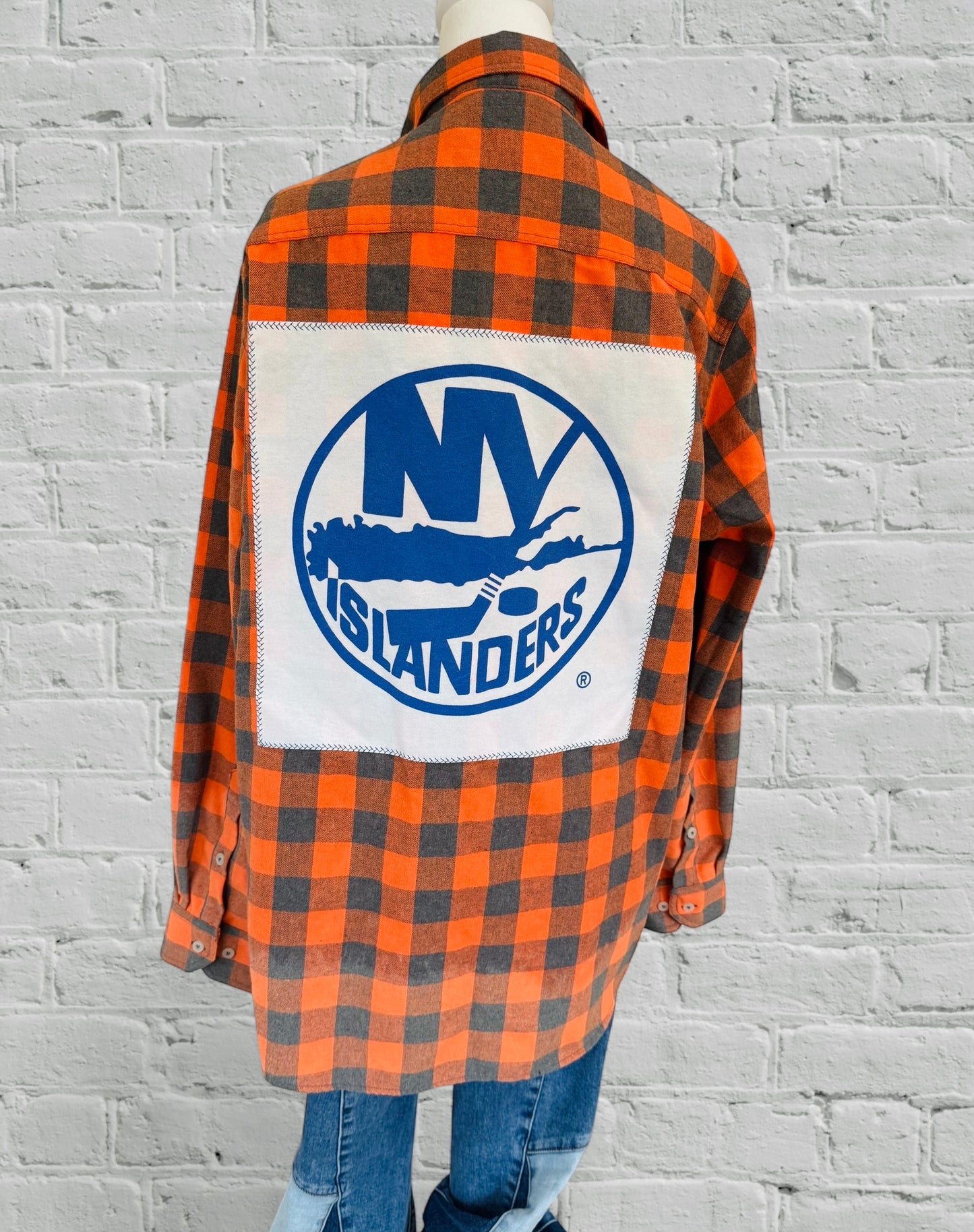 NY Islanders - Plaid, Orange-Upcycled Distressed Flannel