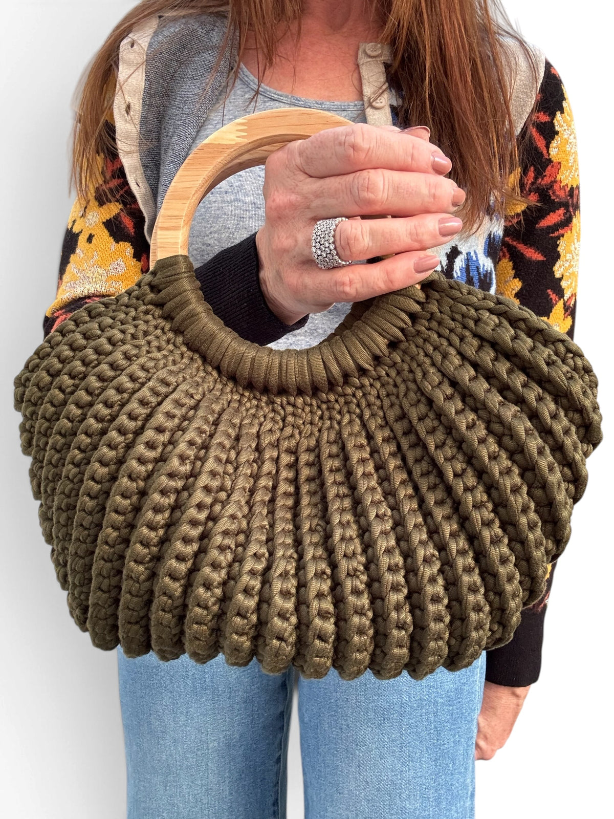 The FANFARE in Olive, hand-crochet bag