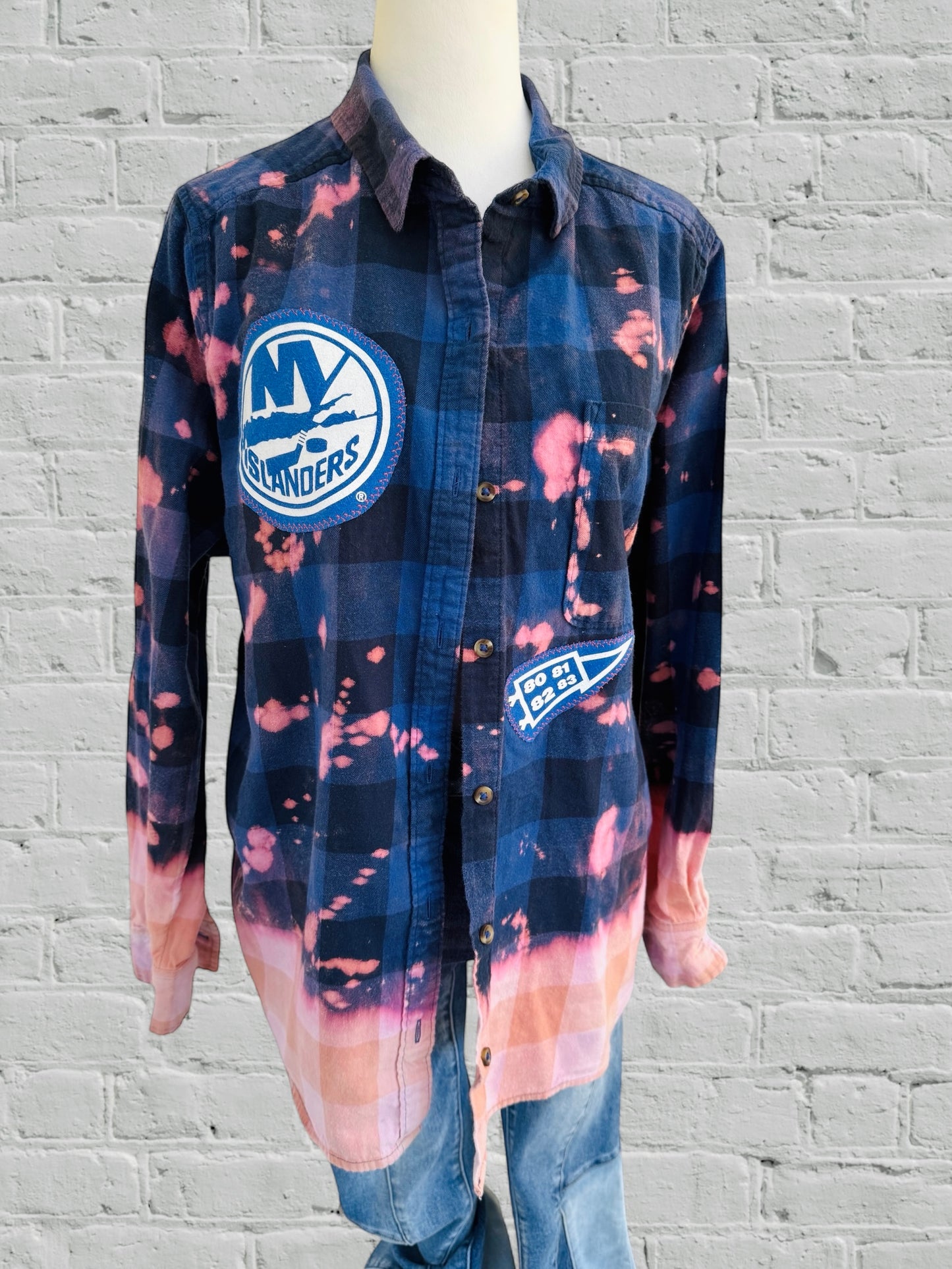 NY Islanders - YES YES YES -Upcycled Distressed Flannel