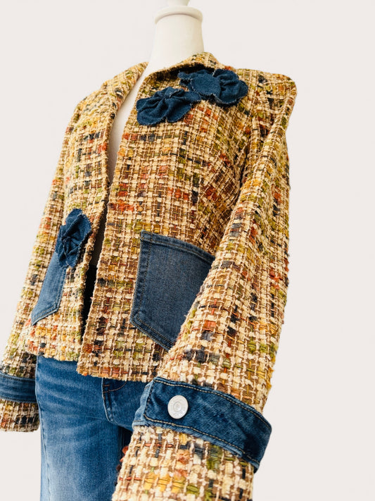 Denim & Tweed Upcycled blazer with Denim Blooms