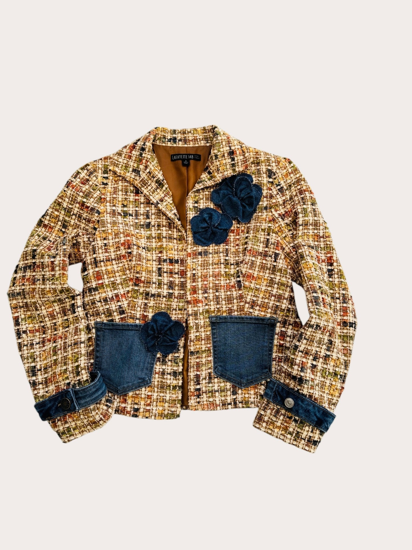 Denim & Tweed Upcycled blazer with Denim Blooms