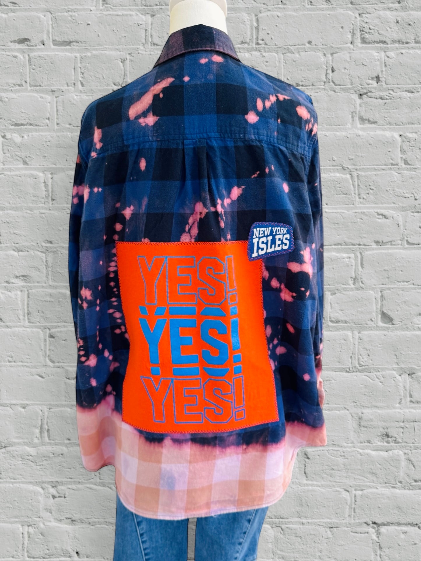 NY Islanders - YES YES YES -Upcycled Distressed Flannel