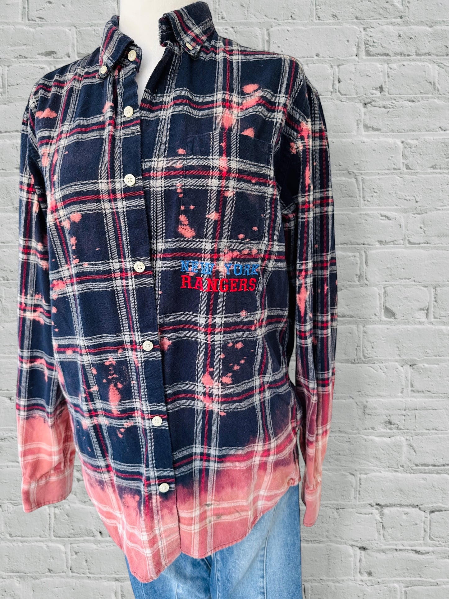 NY Rangers- Upcycled Distressed Flannel