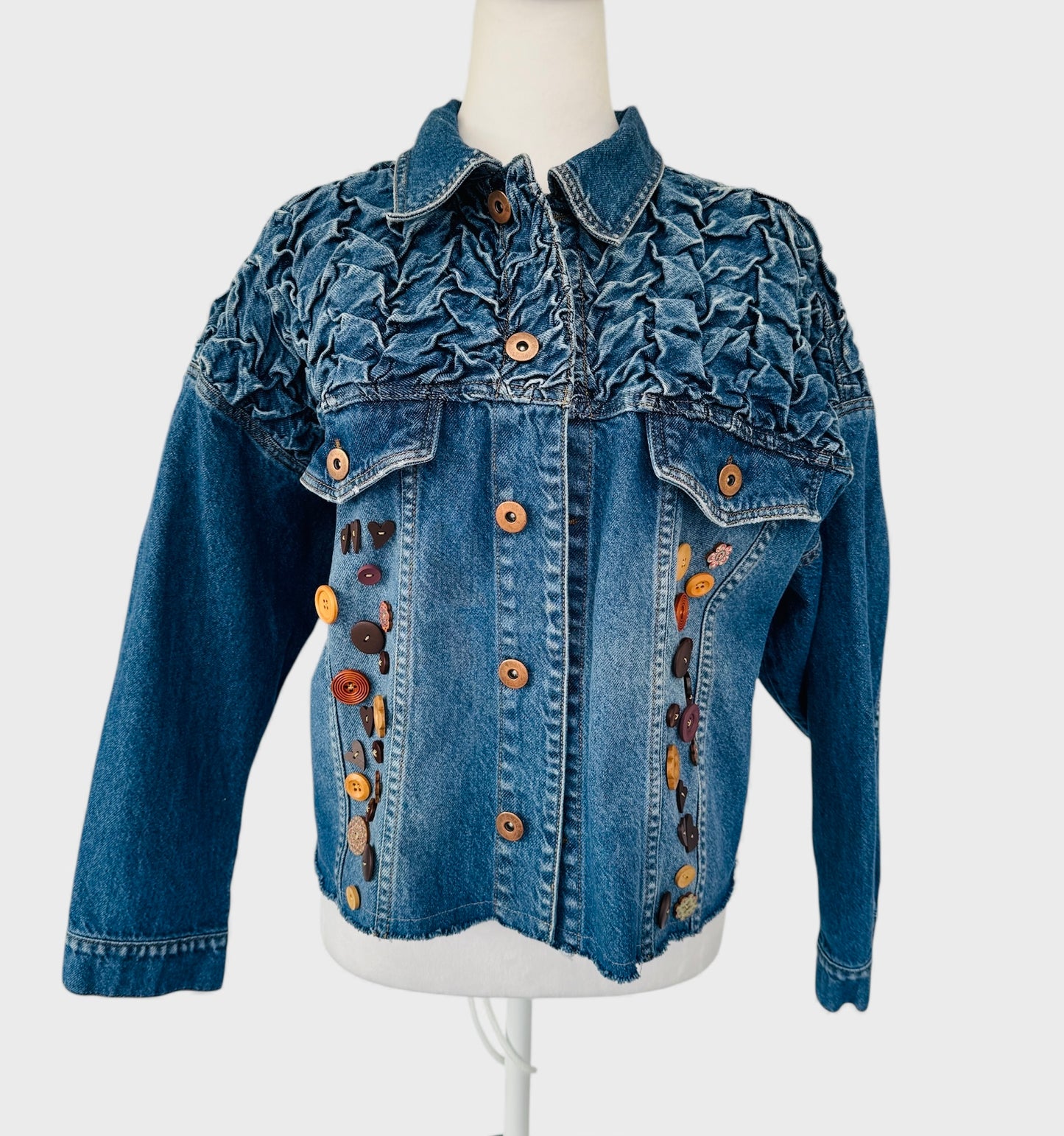 Textured Buttons Designer Upcycled Denim Jacket