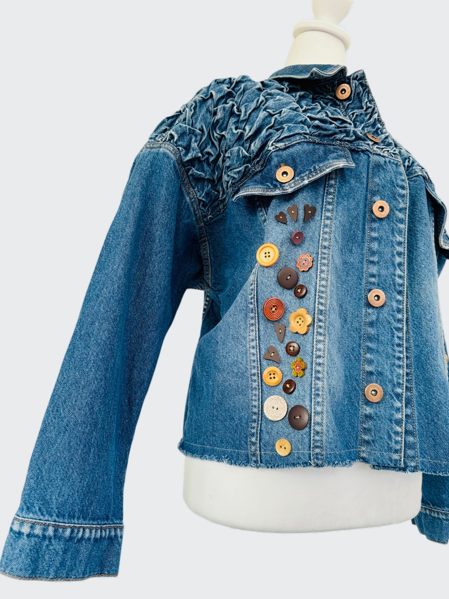 Textured Buttons Designer Upcycled Denim Jacket