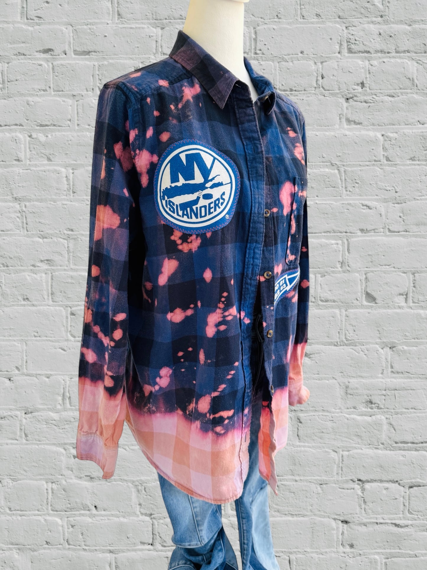 NY Islanders - YES YES YES -Upcycled Distressed Flannel