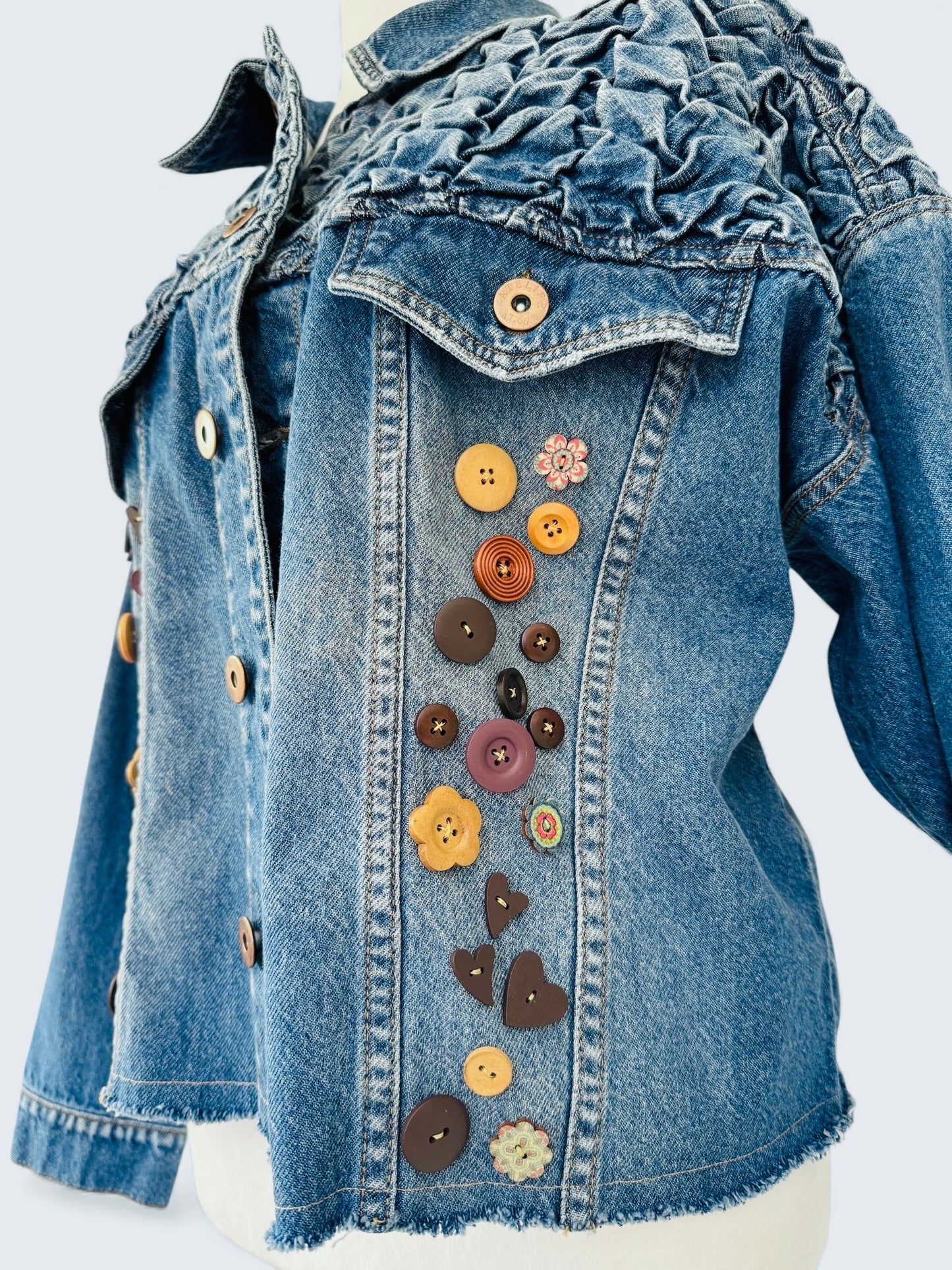 Textured Buttons Designer Upcycled Denim Jacket