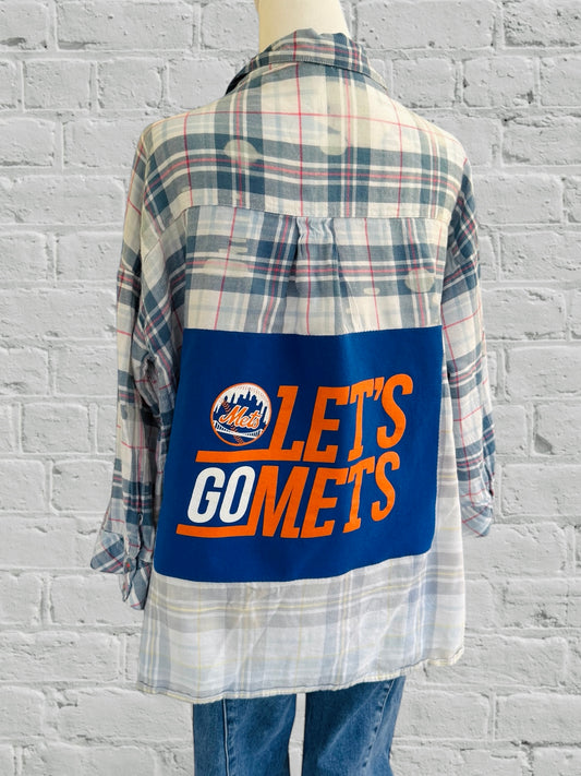 NY Mets - LETS GO METS- Upcycled Distressed Flannel