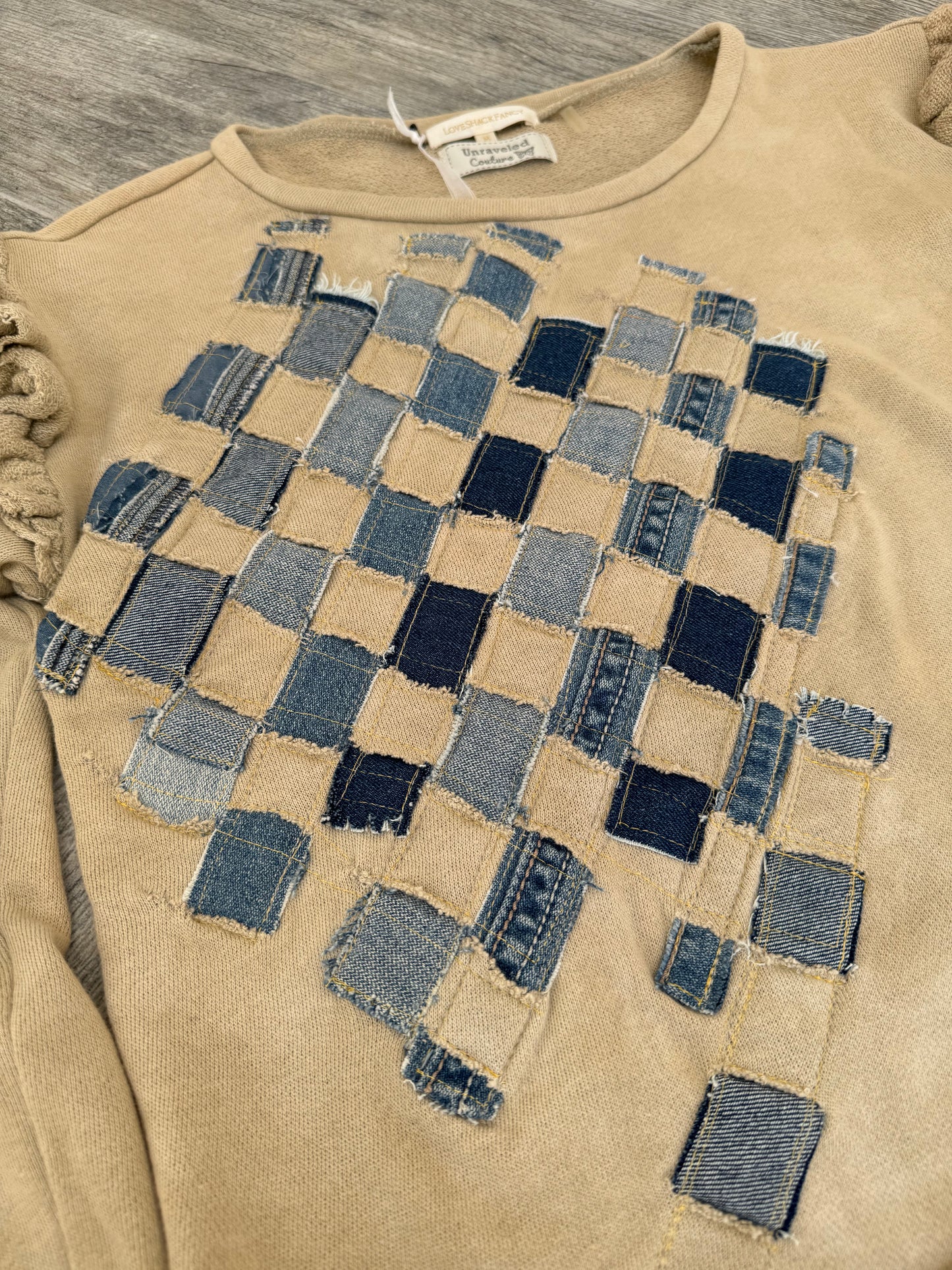 Designer Upcycled Denim Weave LoveShackFancy Sweatshirt