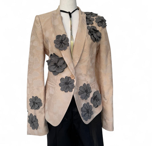 Grit and Grace Silk Upcycled Ferragamo blazer with Denim Blooms