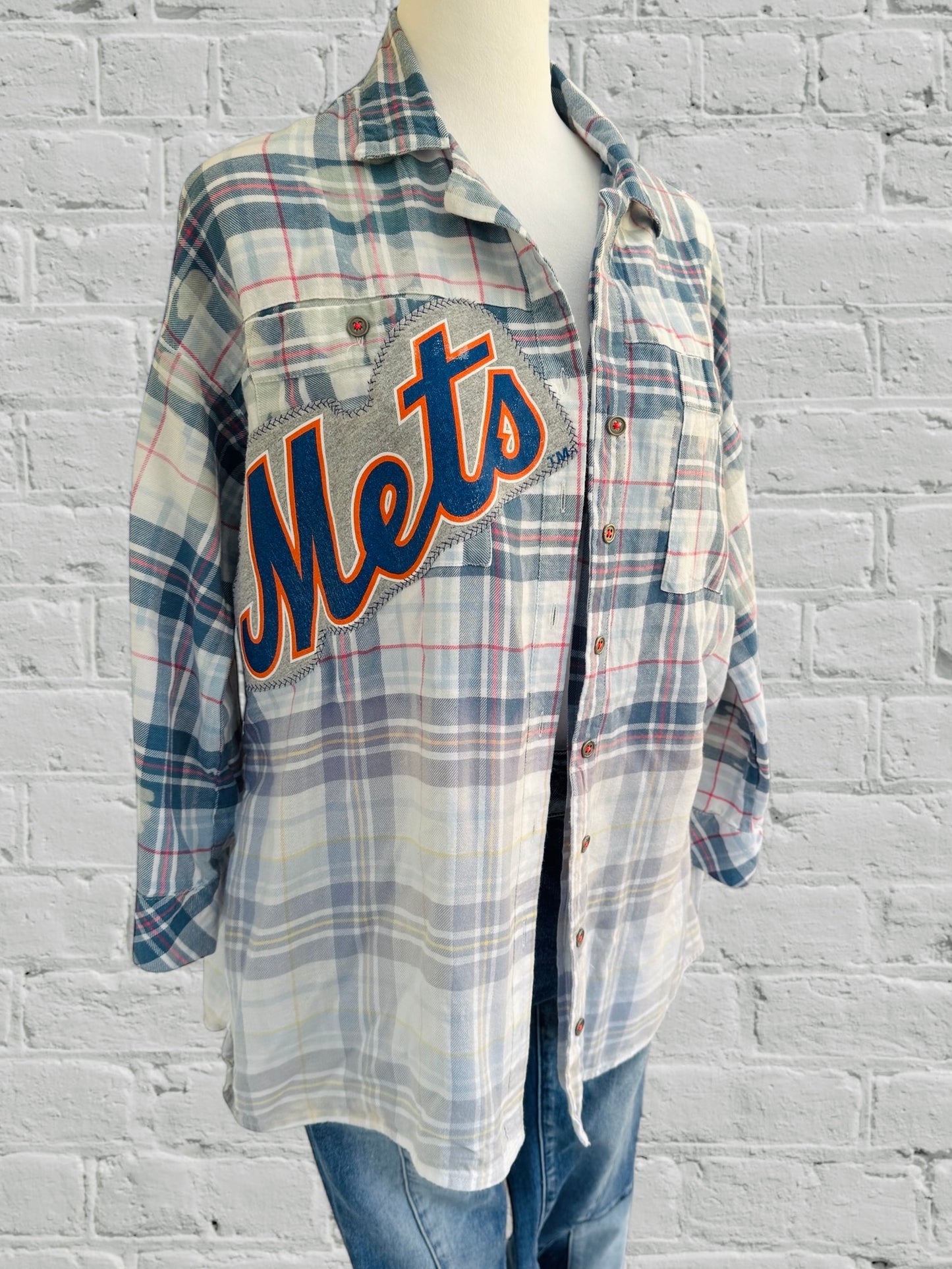 NY Mets - LETS GO METS- Upcycled Distressed Flannel