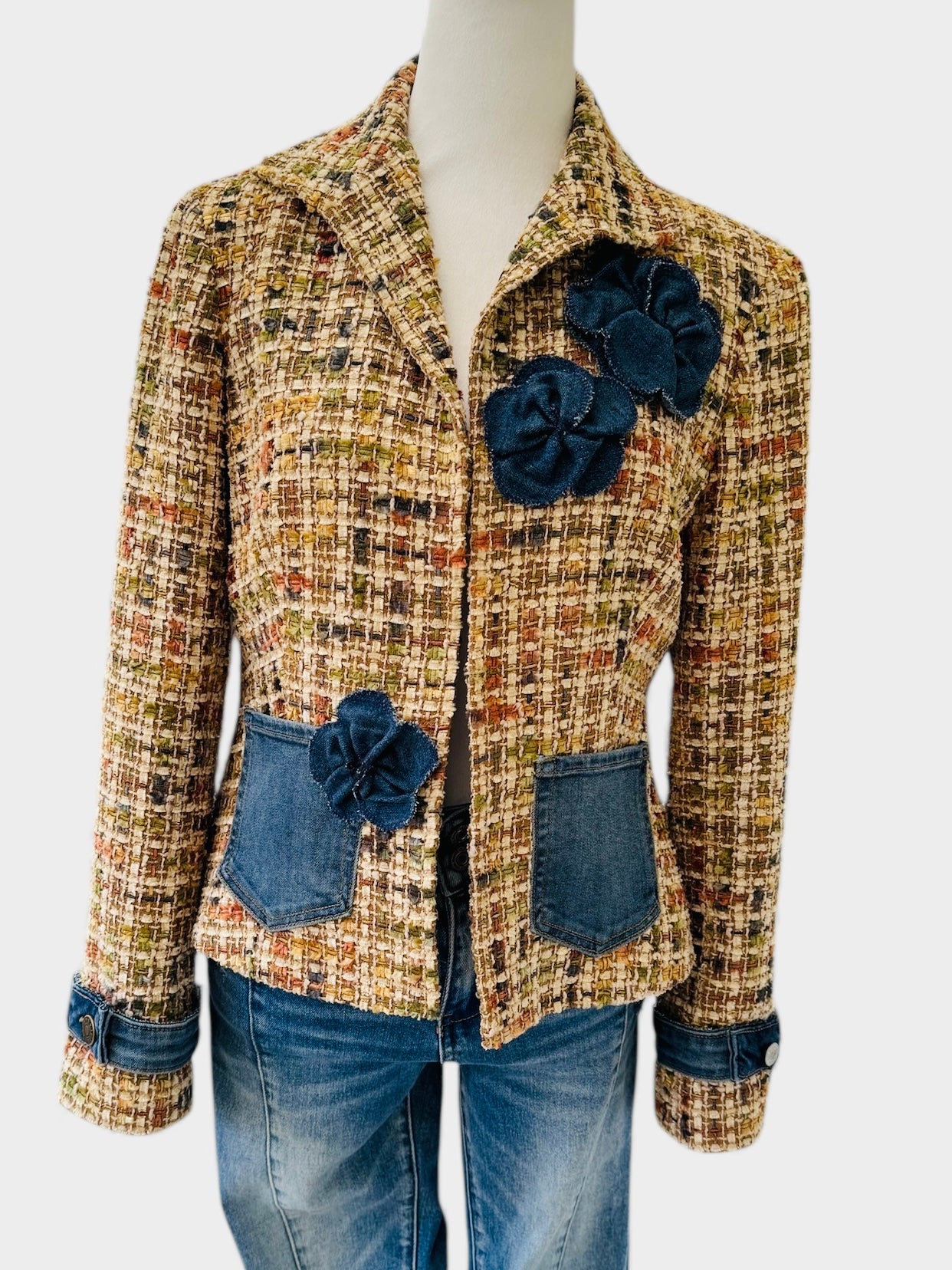 Denim & Tweed Upcycled blazer with Denim Blooms