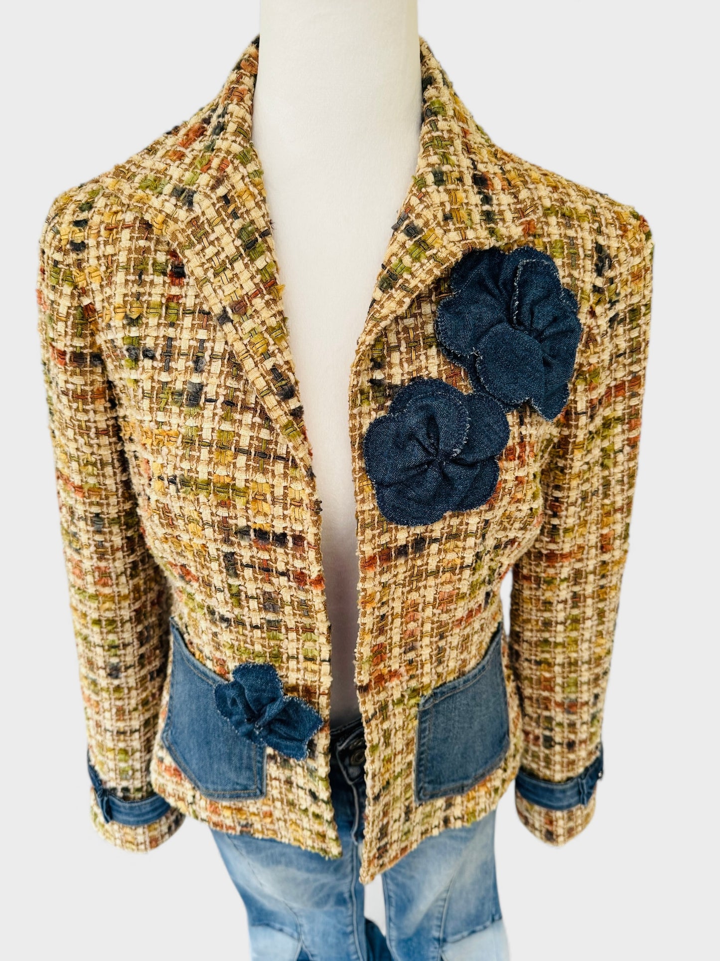 Denim & Tweed Upcycled blazer with Denim Blooms