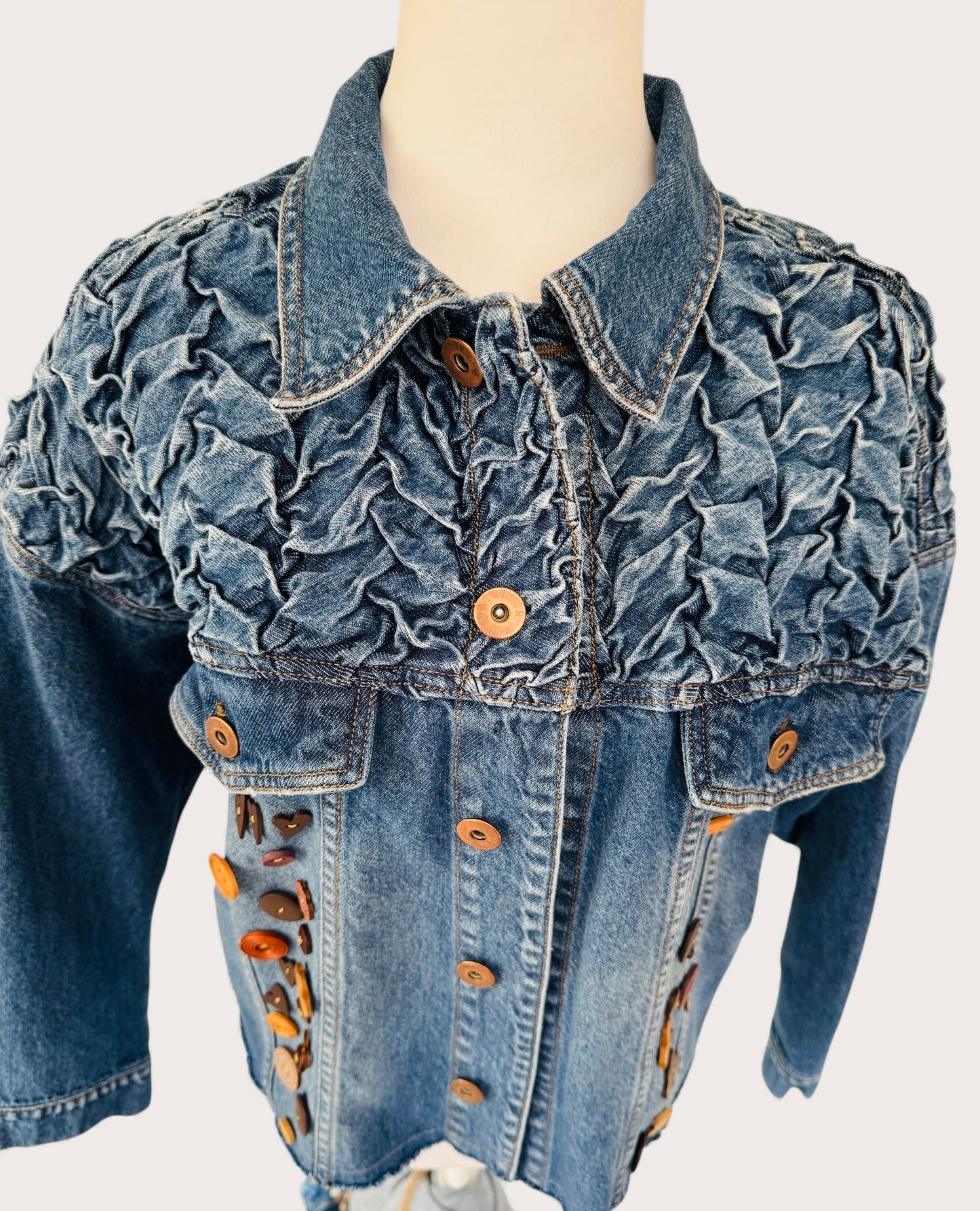 Textured Buttons Designer Upcycled Denim Jacket