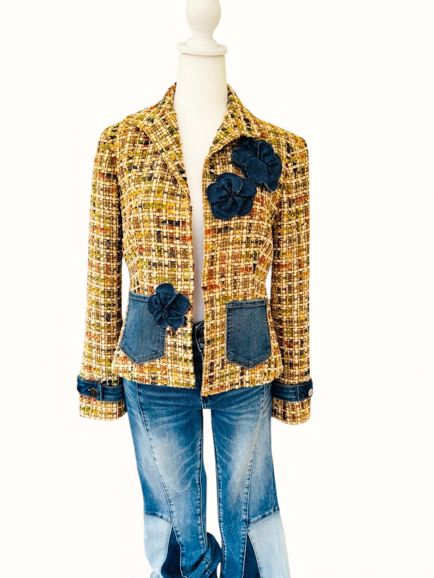 Denim & Tweed Upcycled blazer with Denim Blooms