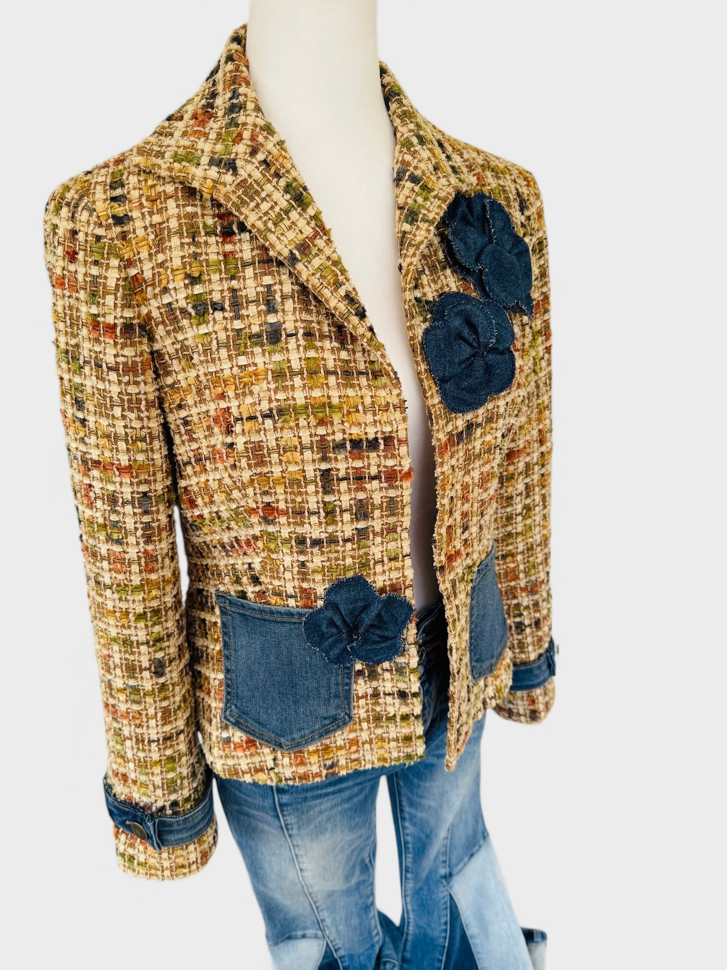 Denim & Tweed Upcycled blazer with Denim Blooms